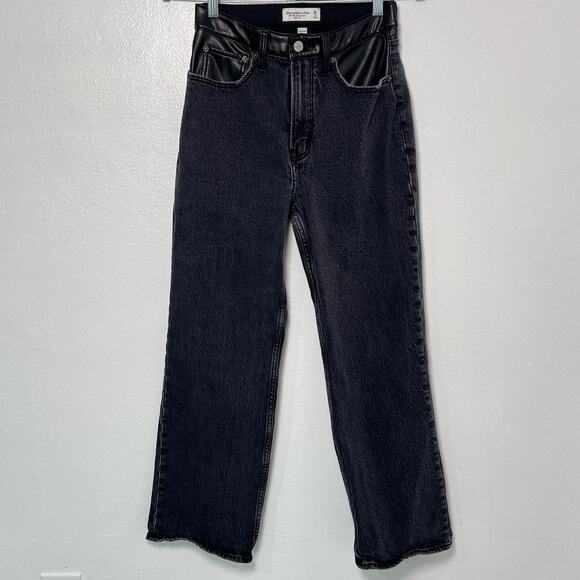 Abercrombie & Fitch Jeans The '90s Relaxed Leather Mix Black 26/2S Curve Love - Picture 1 of 10